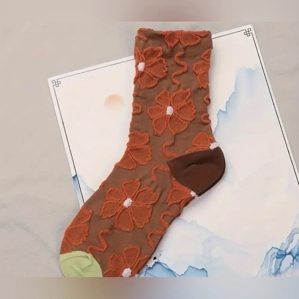 Floral Patterned Women's Socks Set - Orange, Cream, Brown